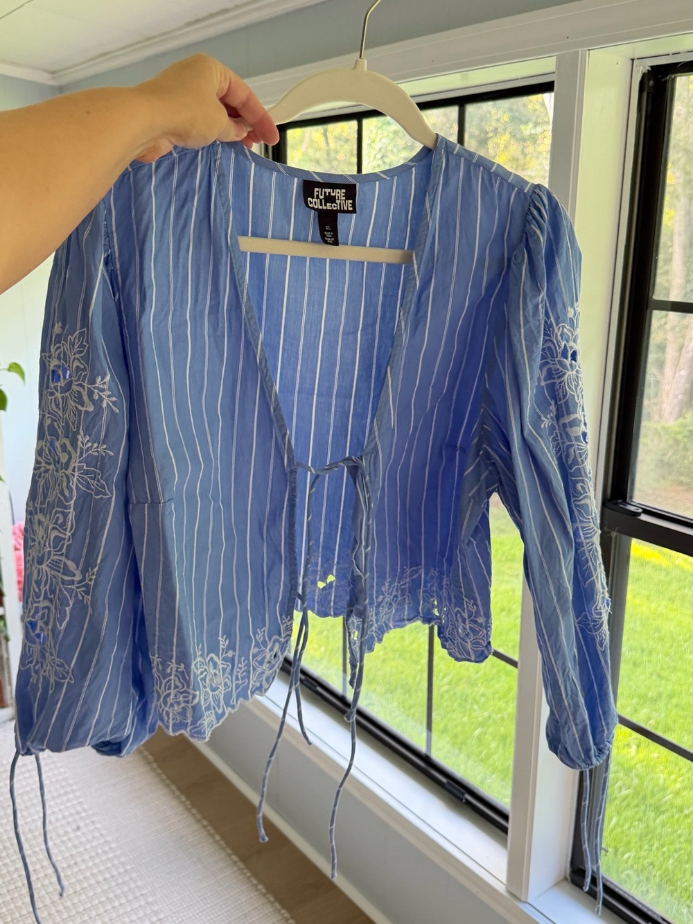 Future Collective Blue Striped Tie-Front Embroidered Blouse